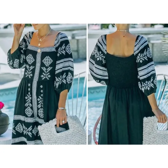 Strut & Bolt Black Linen Blend Embroidered 3/4 Sleeve Mini Small Dress Smocked - Image 2