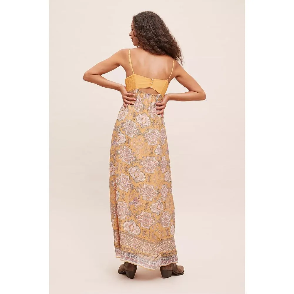 Anthropologie Calida Maxi Dress Size 12 Yellow Paisley Bohemian Cut Out Vacation - Image 15