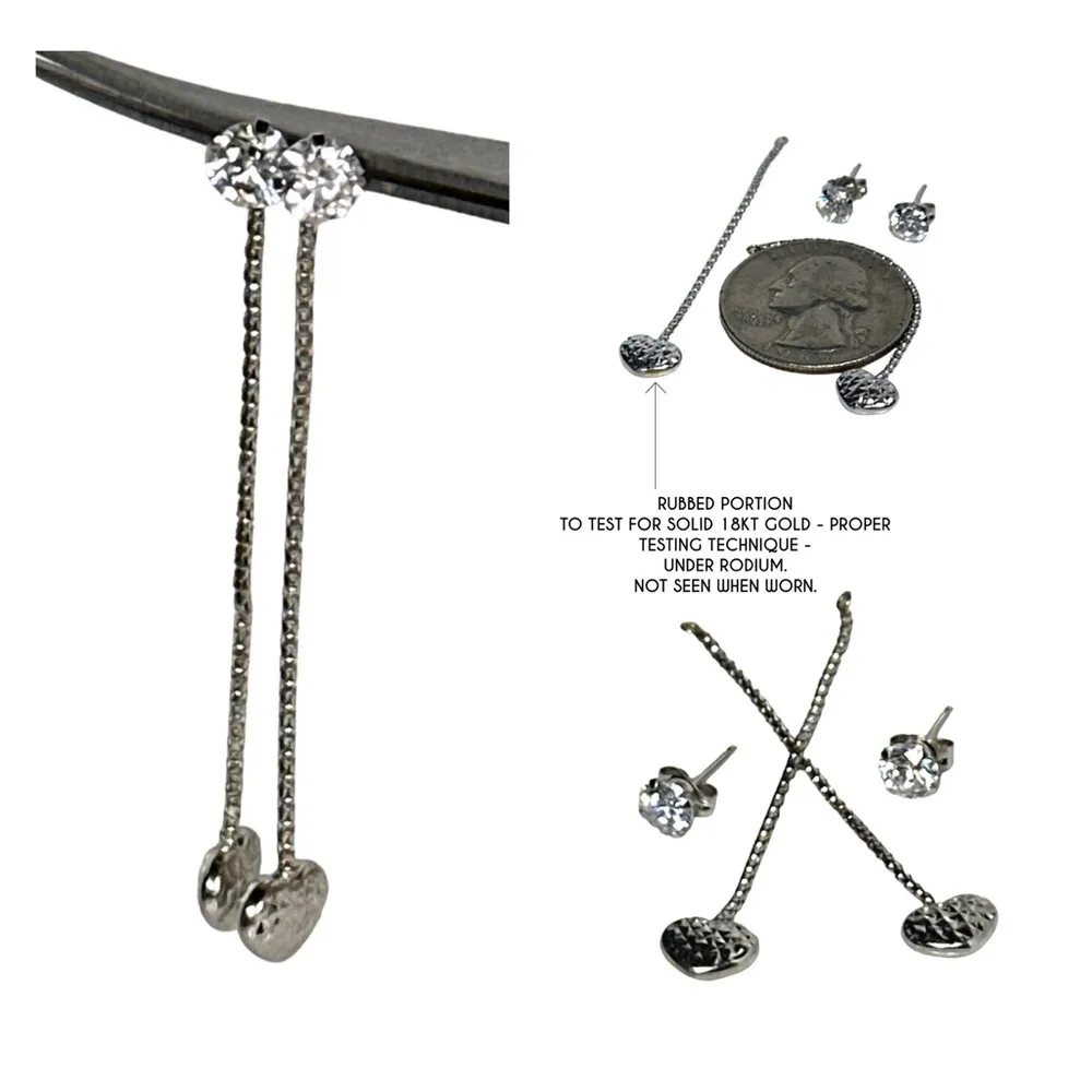 18KT SOLID WHITE GOLD RHODIUM HEART DANGLE EARRING ENHANCERS W/ FREE 14KT STUDS - Image 9