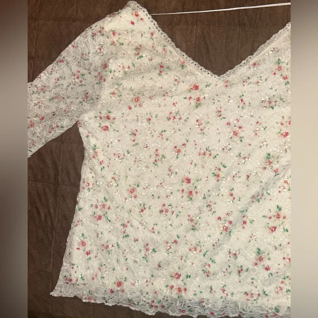 Candie’s Floral Lace Baby Tee Cottagecore Elbow Sleeve Top Large - Image 9