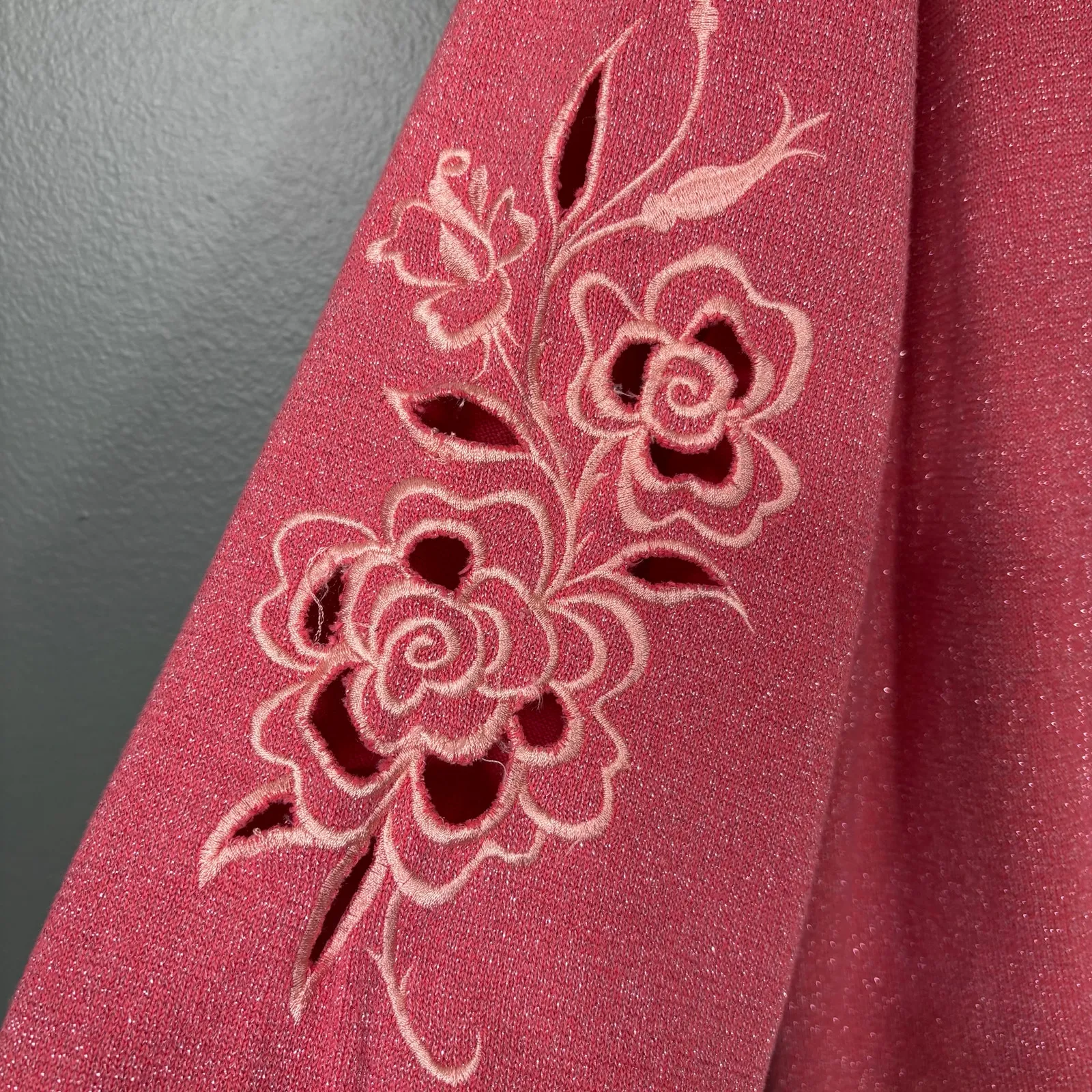 Bob Mackie Wearable Art Pink Floral Cutouts Embroidered Sweater - XL - Coquette - Image 4