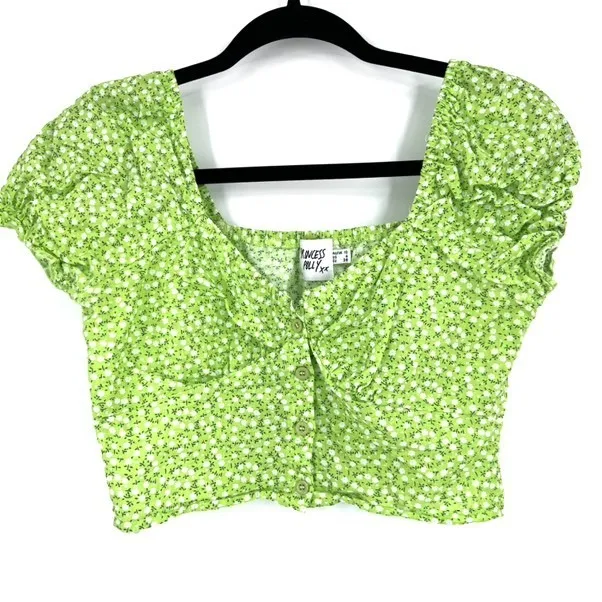 Princess of Polly Women's Crop Top Floral Peasant Button Down Stretch Green Size - Image 2