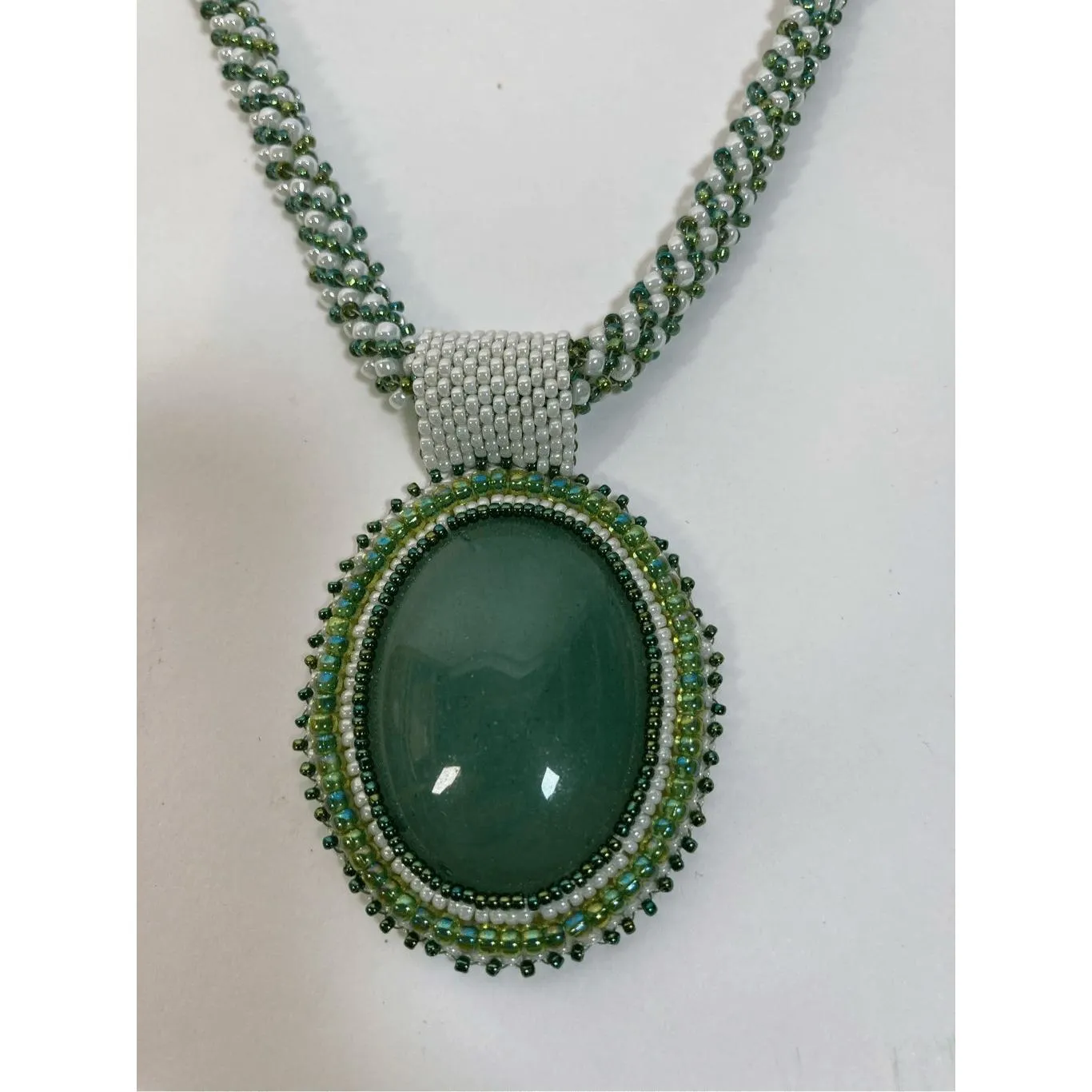 Handcrafted Russian Spiral Green Beaded Necklace with‎ Beaded Cabochon - Image 2