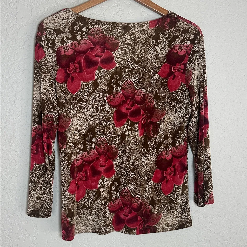 Vintage Y2K Nexxen Red Brown Floral Babydoll Top Blouse Goth Indie Print Large - Image 6