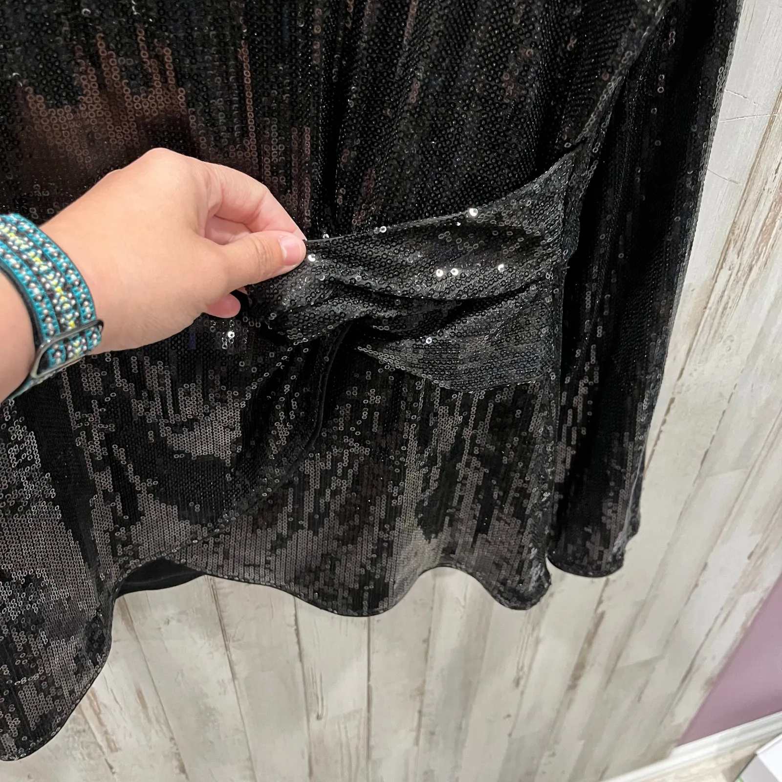 INC Black Sequin 3/4 Sleeve Faux Wrap Top Womens Large New Years Eve Date - Image 2