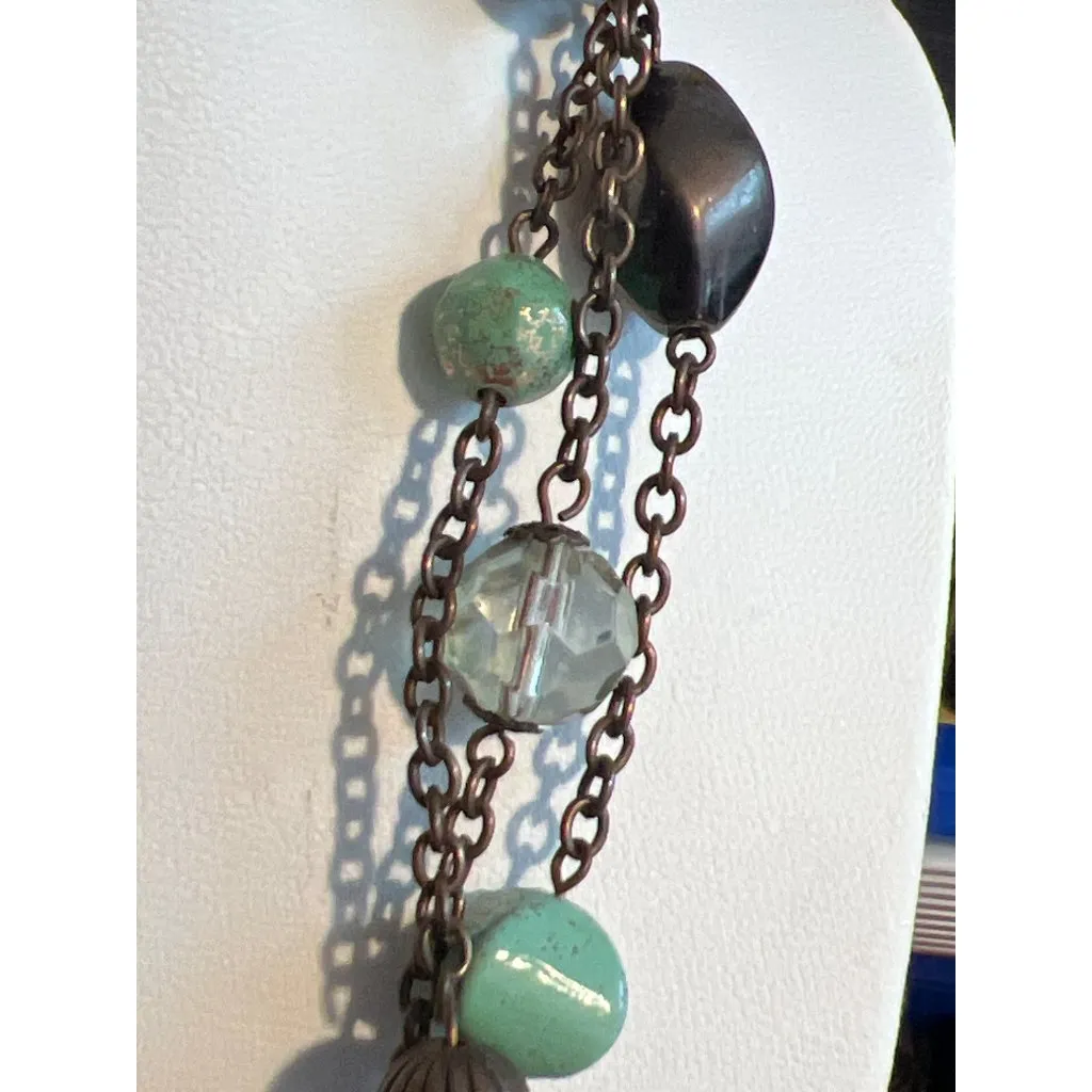 Premier Designs 3 Strand Necklace Copper Tone Faux Turquoise Etched Adj 20" READ - Image 3