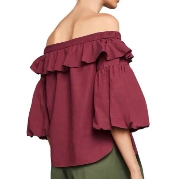 NWT BCBGMAXAZRIA Off Shoulder Shirred Blouse Ruffle Top Red Burgundy Size XS - Image 2