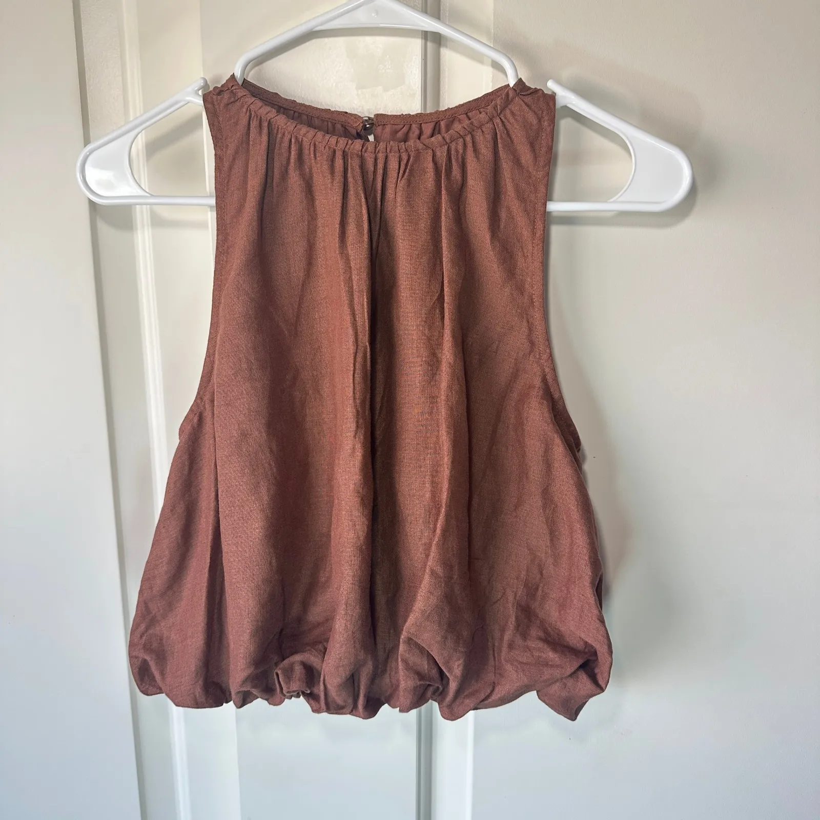 By Anthropologie Linen‎ Bubble Crop Top Brown Pleated Sleeveless Tank Lined XXS - Image 2