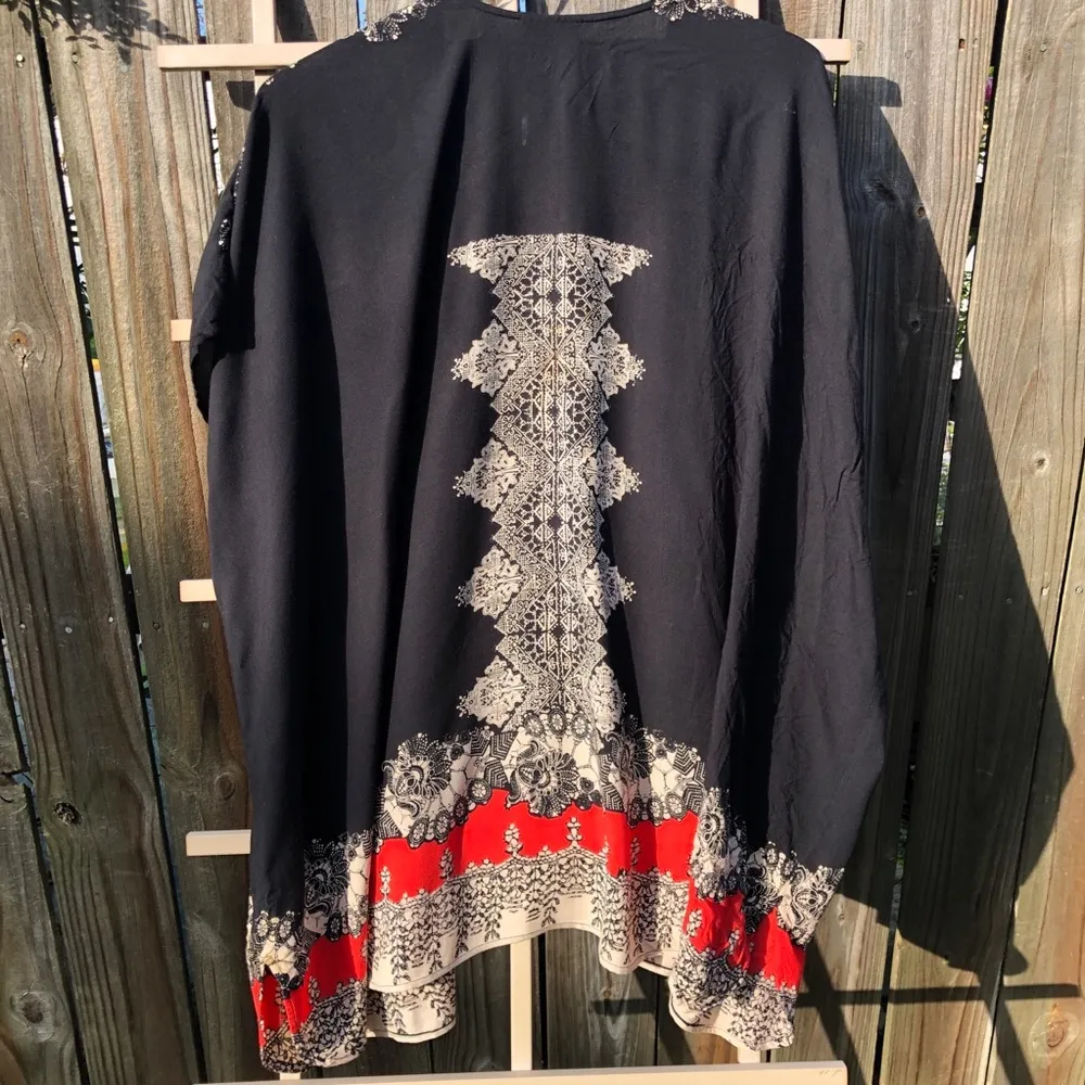 Angie Caftan Beach Open Front Black Print coverup L - Image 5