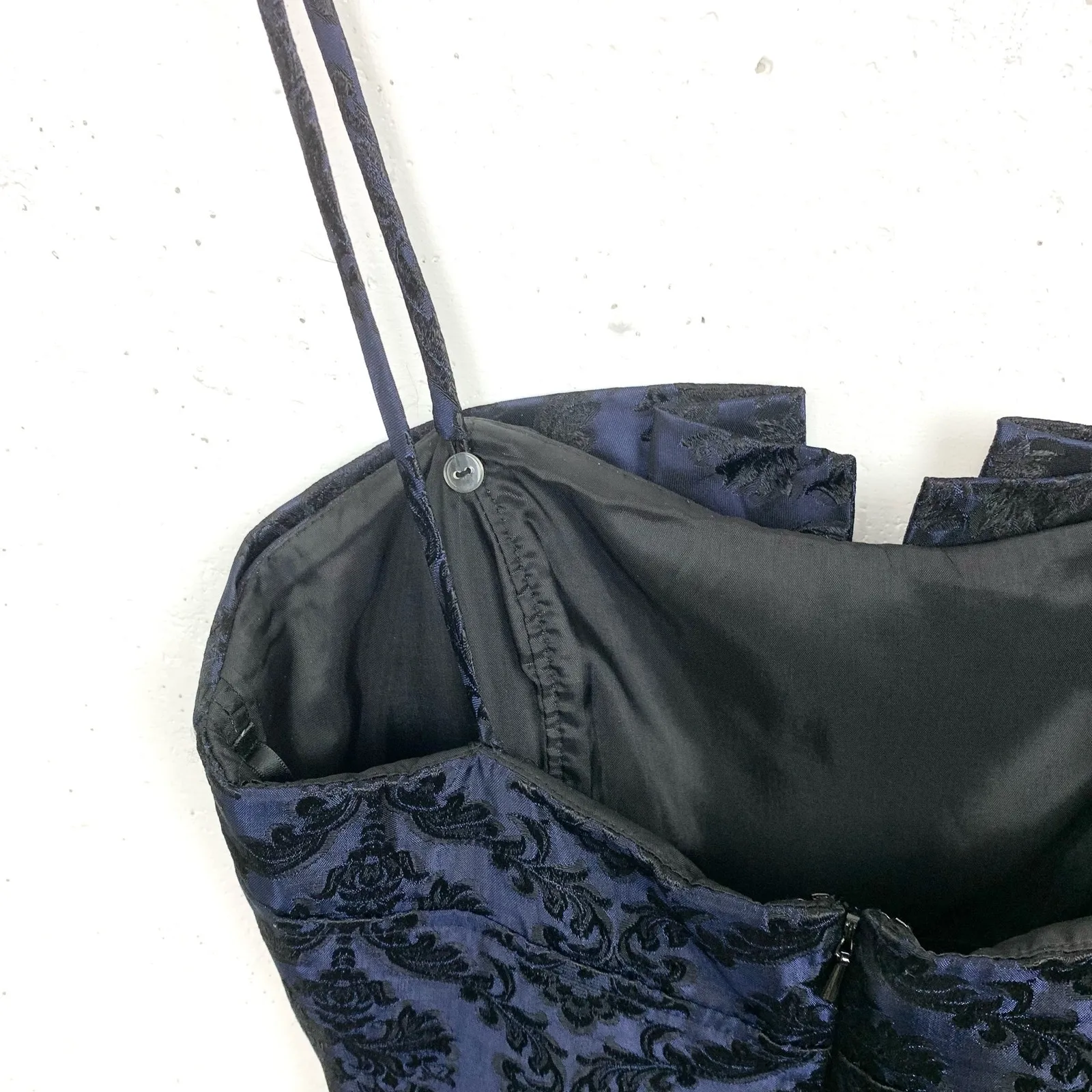 Watters & Watters Navy Brocade Satin Dress Convertible Strapless Textured Size 6 Blue - Image 5