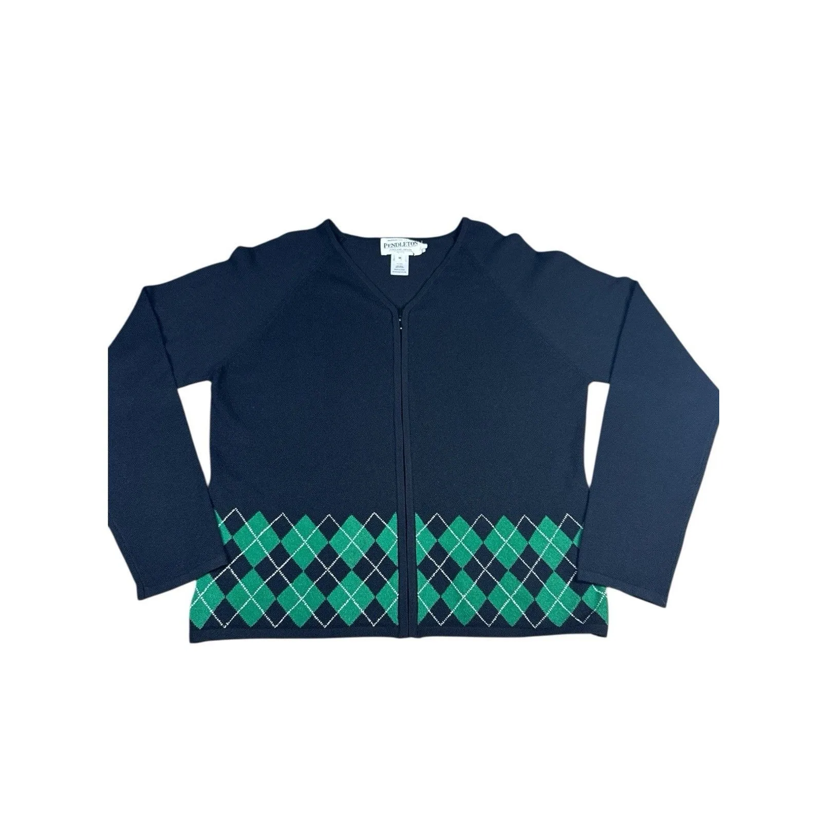 Vintage Pendleton Argyle Full Zip Cardigan Sweater Silk Blend MP Black Green - Image 2