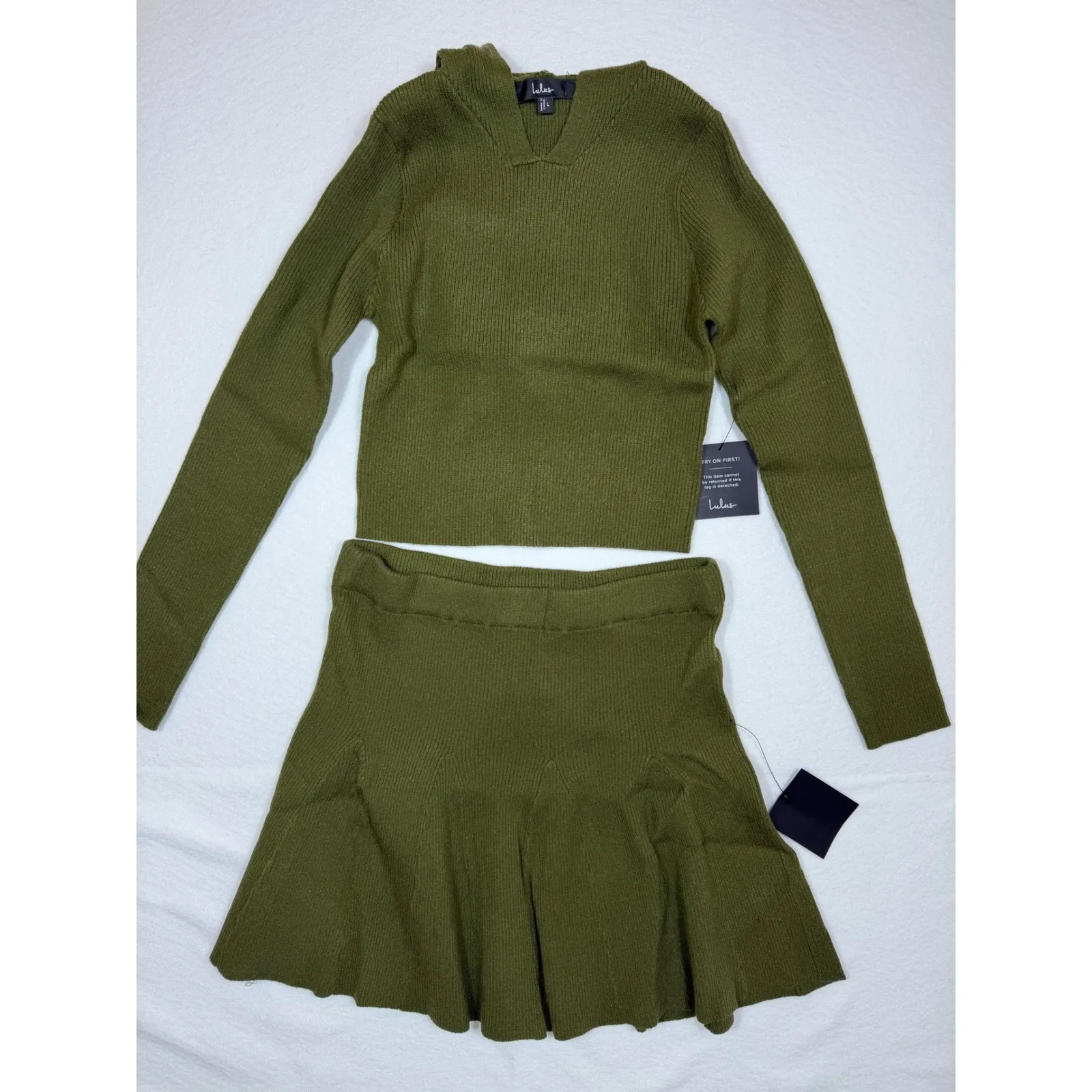 Lulus Olive Ribbed Knit Hooded Cropped Sweater Mini Skirt Set Two Piece Size L - Image 3