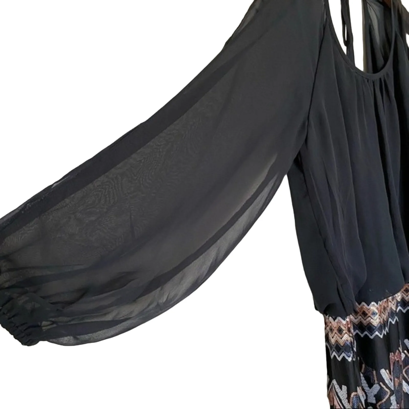 As U Wish black brown sequin tribal open sleeve shift blouson mini dress large - Image 7