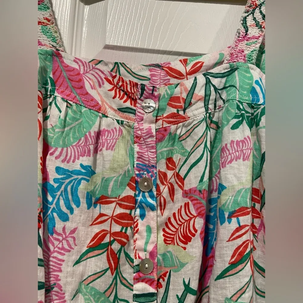Cynthia Rowley Size L Smocked Strap 100% Linen Tropical Pearl Button Back Top - Image 2