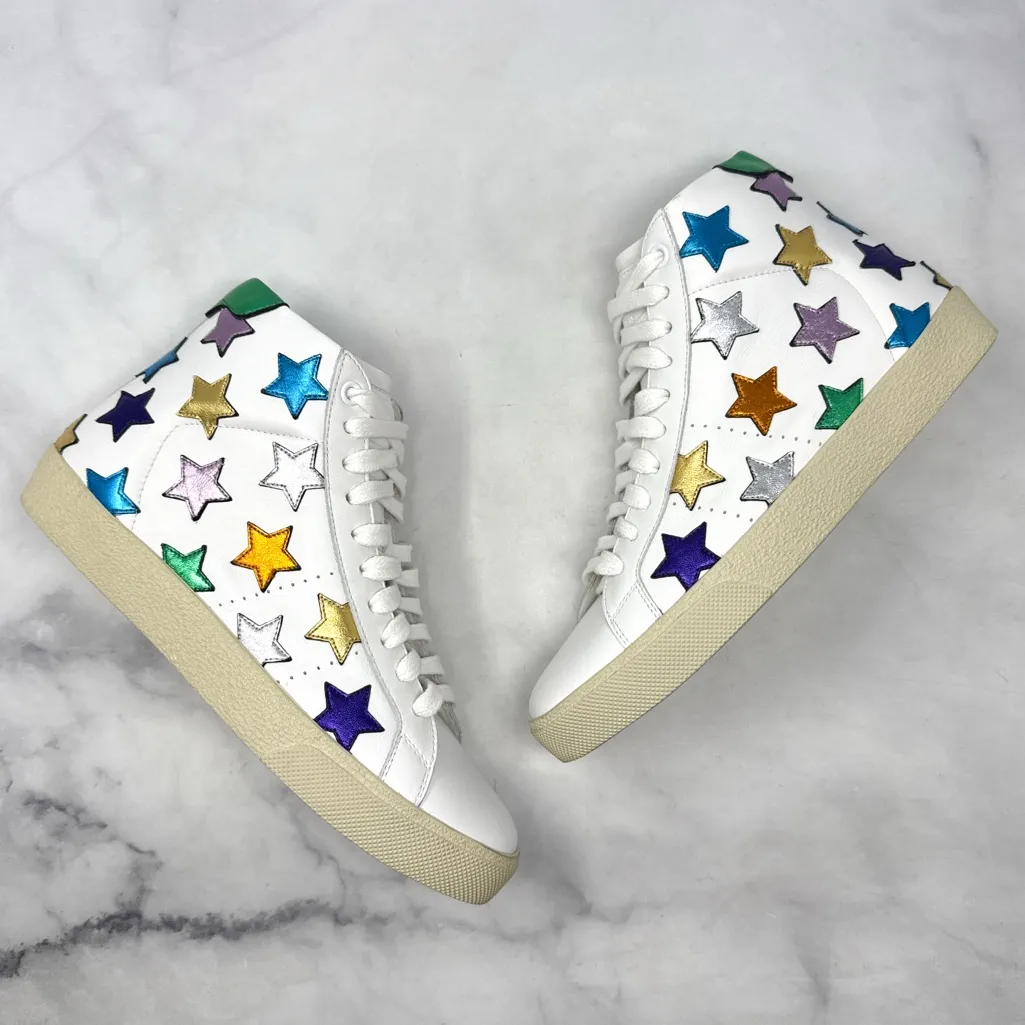 NEW Saint Laurent Star Leather Court Classic SL06 Metallic High Top Sneaker 37 - Image 6