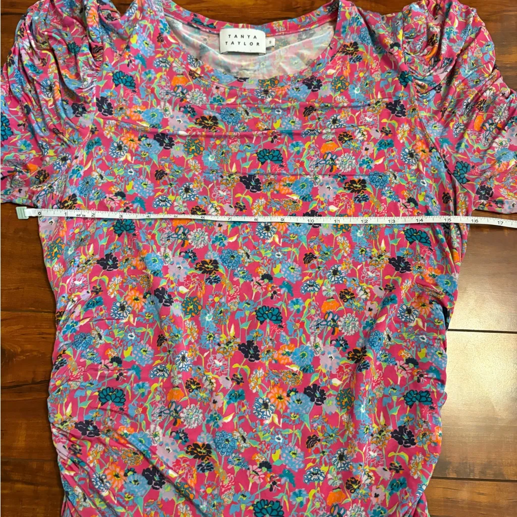 TANYA TAYLOR Women Tunic Top Chaia Pink Floral Rutched Short Sleeve size small - Image 12