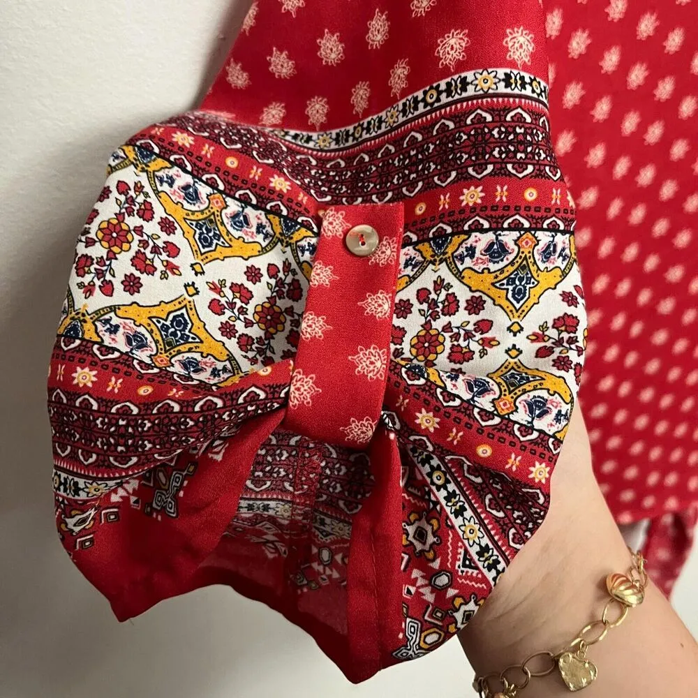 West Kei Womens Talia Blouse Top Med Tie Front Roll Tab Sleeves Red Boho Coastal - Image 3