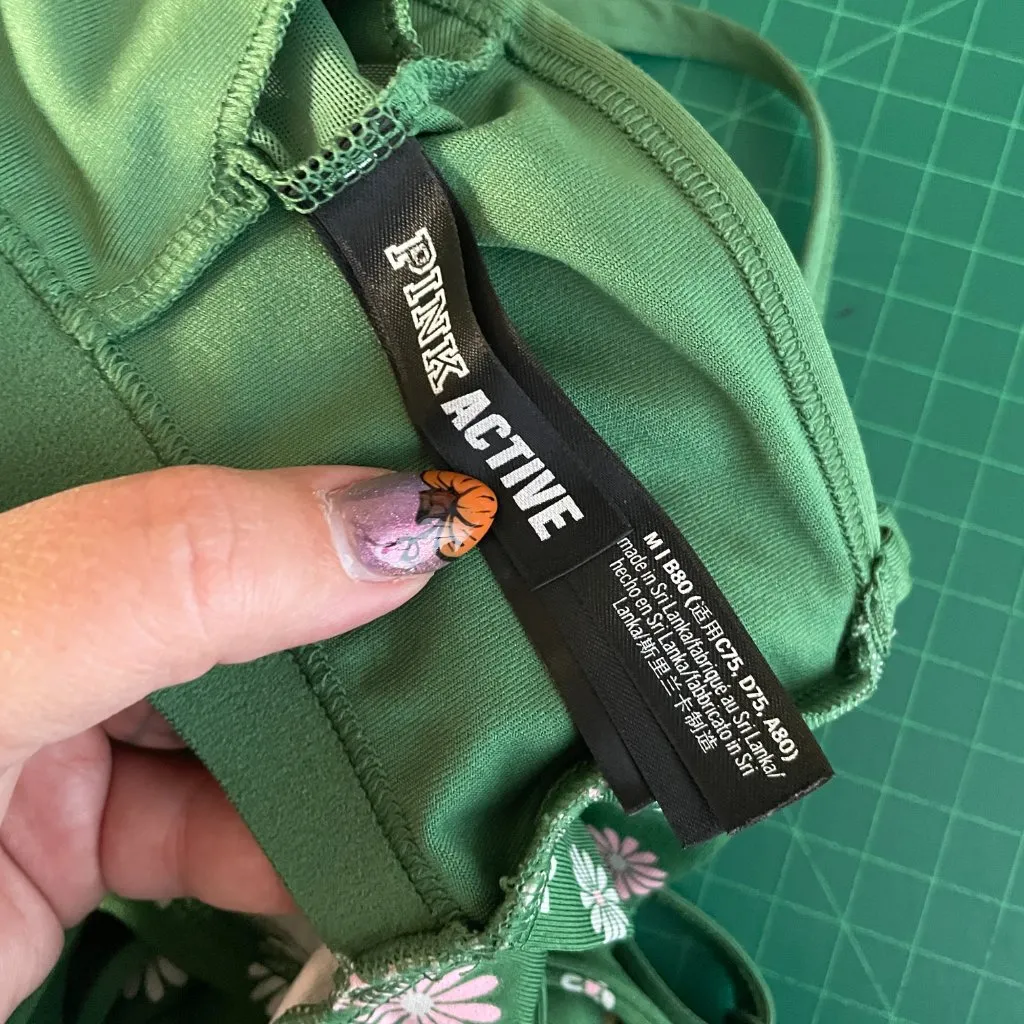 PINK Active Women M Green White Pink Daisy Sports Bra Twist Padded Athleisure - Image 6