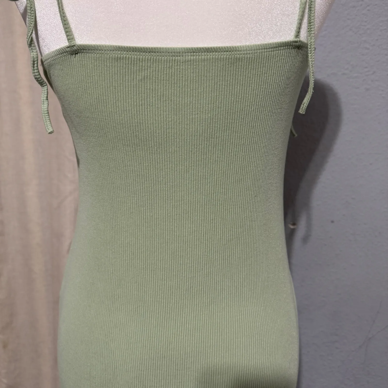 Cottagecore Ribbed Midi Slip Dress Sage Green Tie Strap Ruched Bust Babydoll L - Image 6