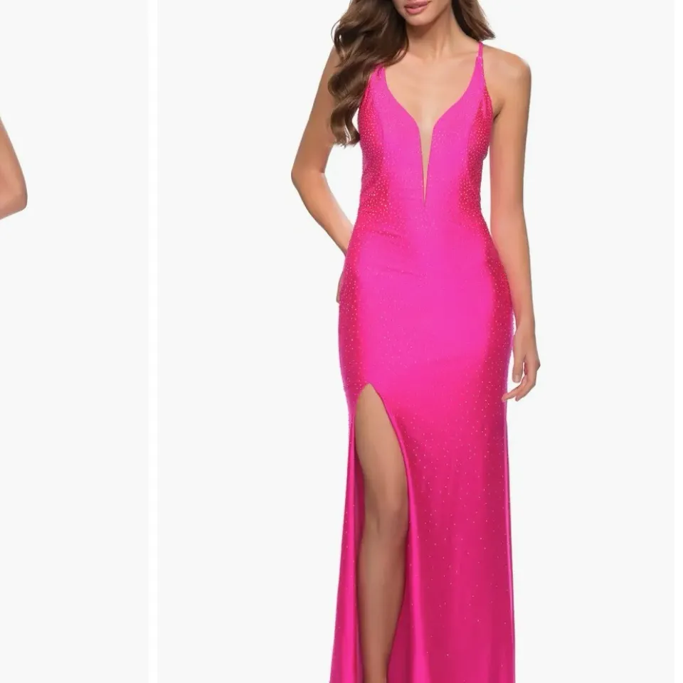 NWT La Femme Rhinestone Plunge Neck Gown Neon Pink Sz 4‎ $408 - Image 6