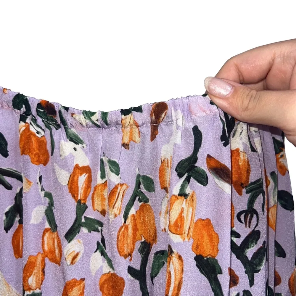 100% Silk Tulip Print Midi Skirt Light Purple & Orange Floral - Image 3