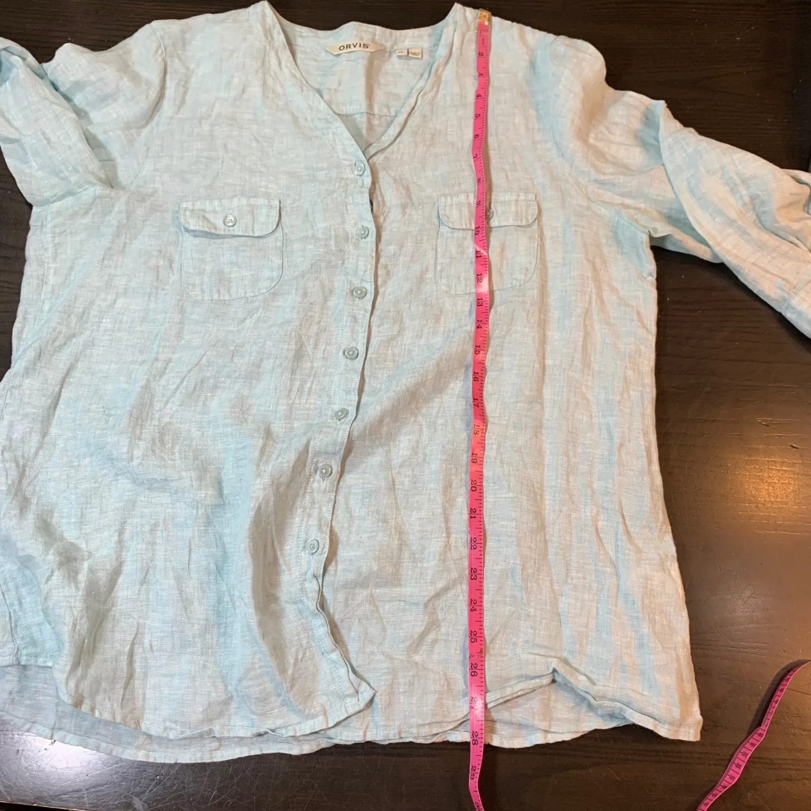 Orvis Womens Button Down Shirt XL Blue Linen 3/4 Sleeve Pockets Casual READ - Image 10