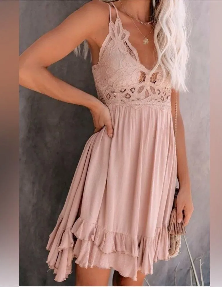 NEW! FREE PEOPLE Adella Slip Dress ROSE Pink Lace Spaghetti Strap Ruffle SMALL - Image 10