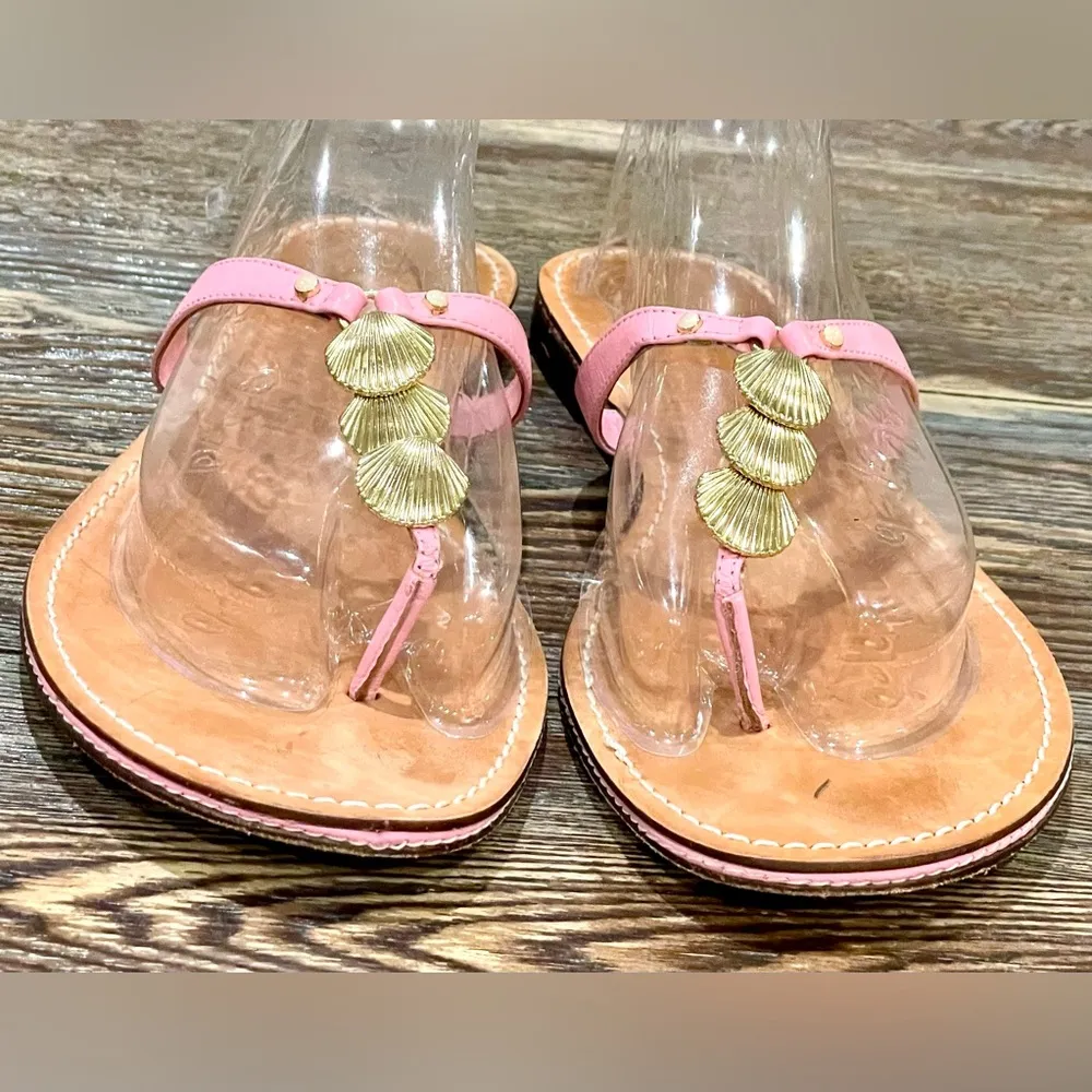 via Palm Beach Pink Leather Thong Sandals w/Gold Shells - Sz 10M - Image 6