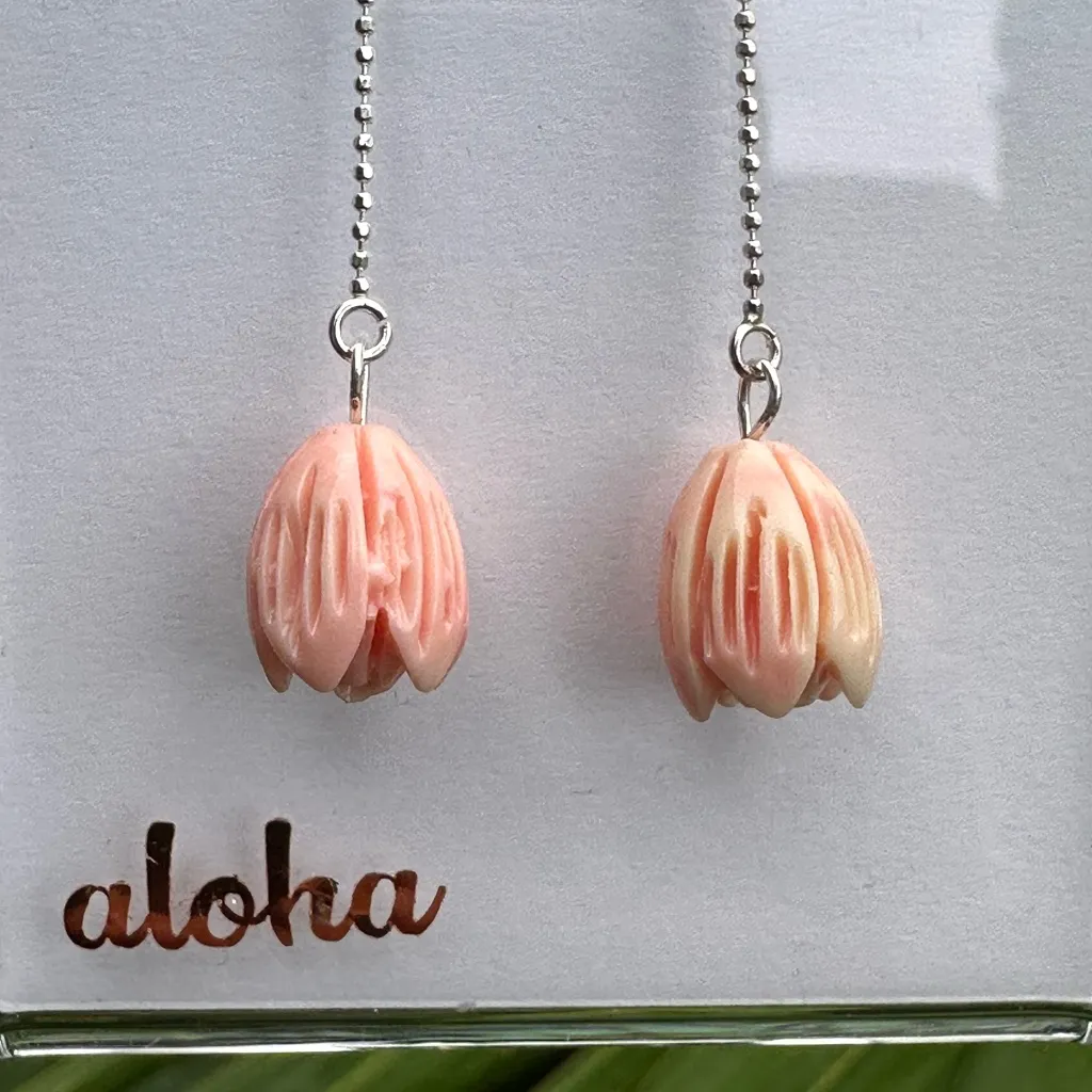 Pink Pikake Flower Drop Sterling Silver Threader Chain Dangle Earrings - Image 3