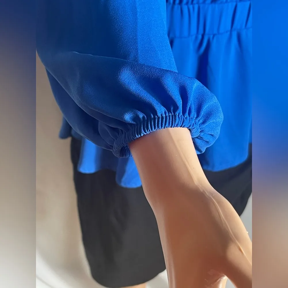 NY&Co Royal Blue Long Sleeve Peplum Blouse M Back Tie Stretch Waist Size M - Image 3