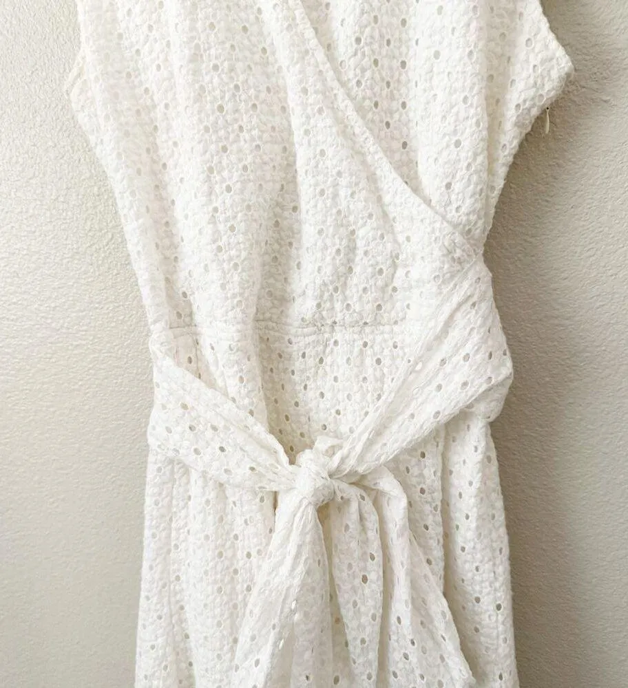 KAREN KANE | White Eyelet Embroidered Wrap Dress Collar Cap Sleeve Tie | Size 8 - Image 4
