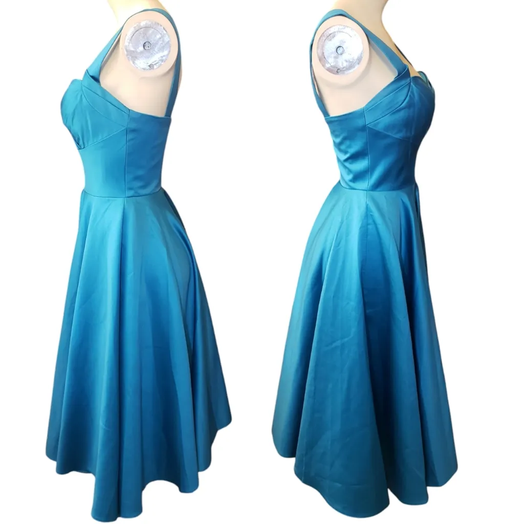 Unique Vintage Turquoise Satin Happily Ever After Pleated Swing Dress size XS - Image 3
