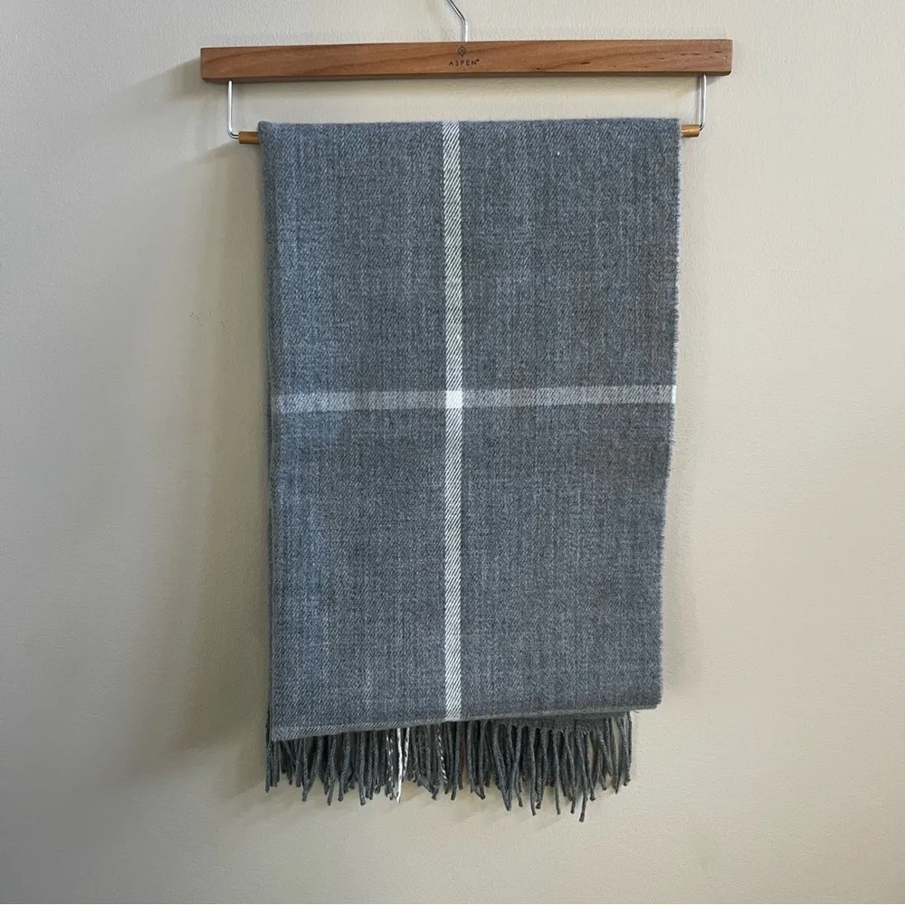 J Crew Cozy Oversize Gray white plaid Blanket Scarf fringe wrap - Image 3
