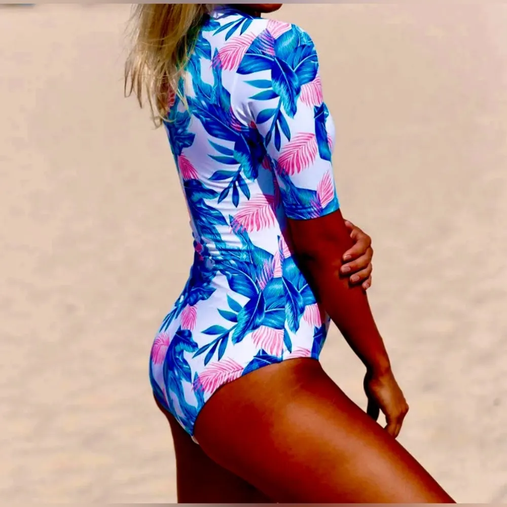 NWOT Pink & Blue Leaves/ Zip Up Front /Half Sleeve One Piece Swimsuit Size:Small - Image 2