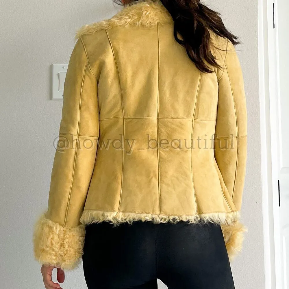 New Label SheepSkin Cream Yellow Leather Button Up shearling Jacket - Image 14