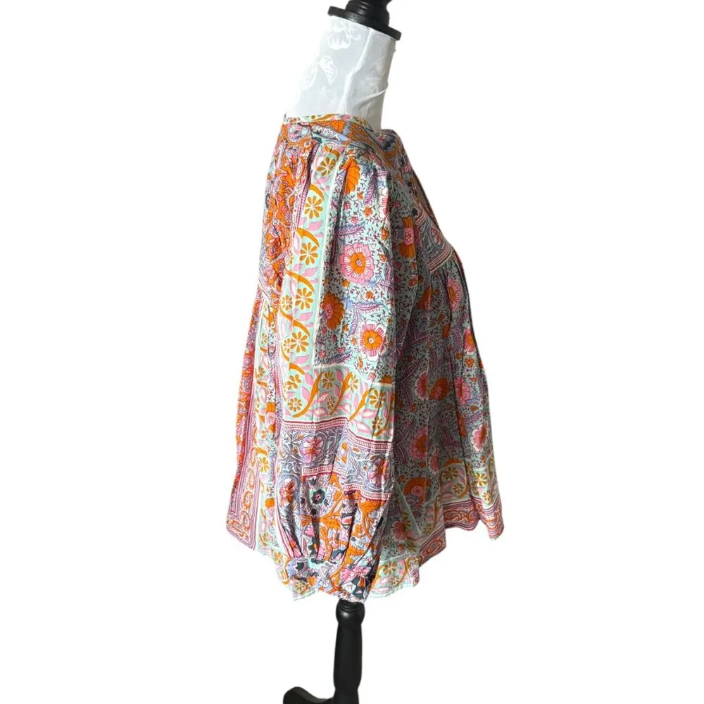 Mille Resort Travel Boho Balloon Puff Sleeve Top Colorful Small W/ Tassels Pink - Image 3