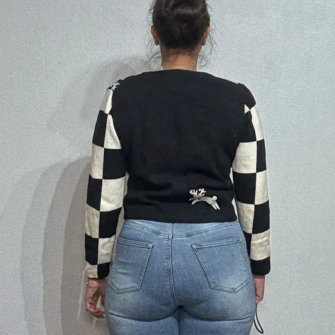 Michael Simon Checkered Reindeer Cropped Vintage Cardigan Sz S Black - Image 11