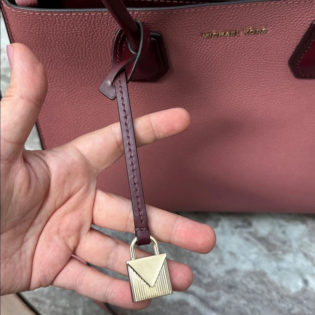 Michael Kors Mercer Large Acrdion Convertible Leather Tote 2 Tone Rose Pink Burg - Image 6