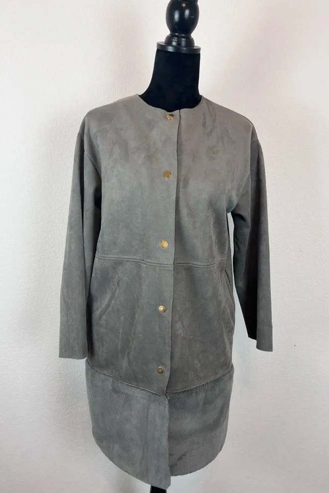 Zara Gray Suede Faux Fur Trim Long Jacket Size Small - Image 2