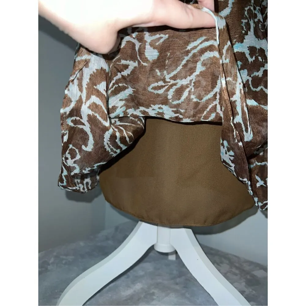 Women’s Vintage Linen/Silk Baby Blue-Brown Midi Skirt 8 Floral A-Line - Image 3