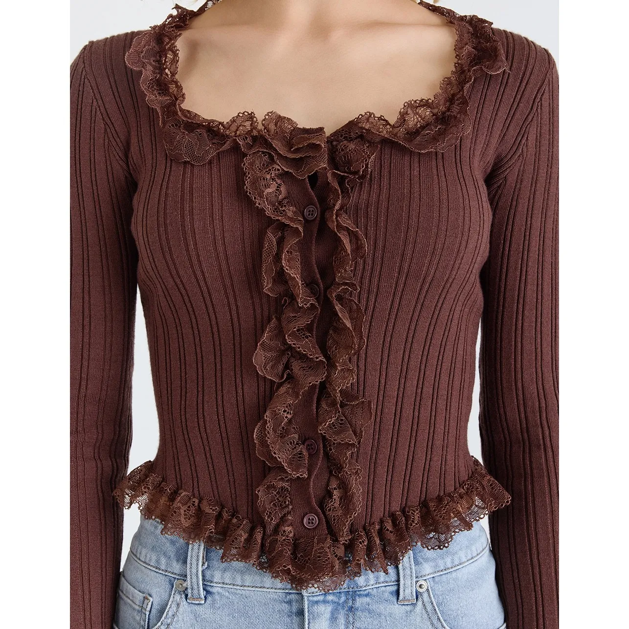 West of Melrose Chocolate Brown Ribbed Lace Trim Button UpCardigan Sweater Sz SM - Image 2