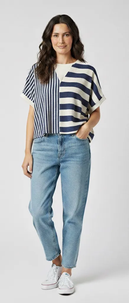 Fantastic Fawn Asymmetrical Stripped Blue Oversized Knit Top Size S - Image 1