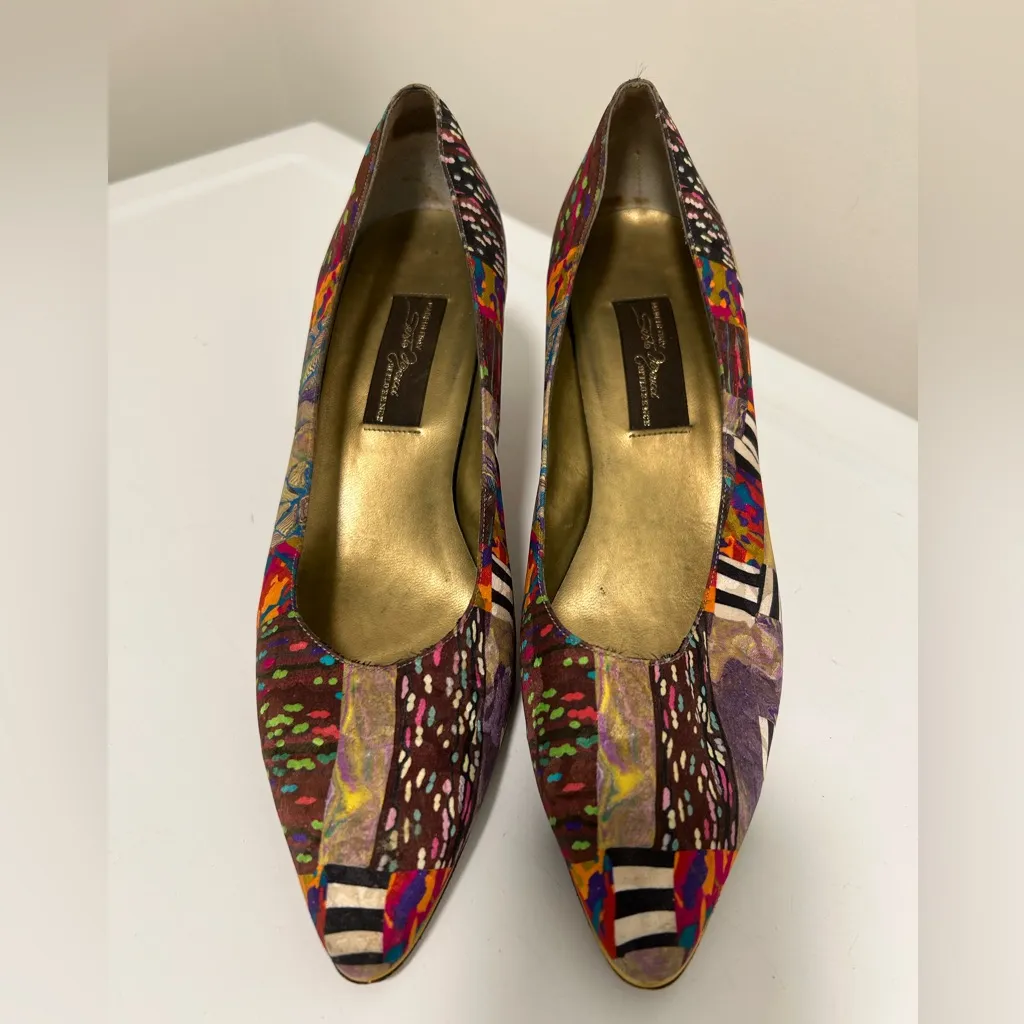 Sesto Meucci Artsy Silk Heels Brown Green Multi Size 8 N Narrow - Image 3