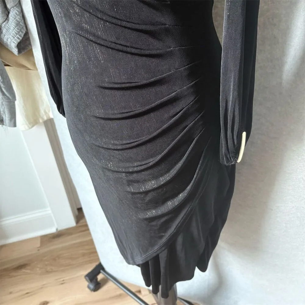 CACHÉ Women's XS Black and gold V-Neck Long-Sleeve Midi Dress Party - Image 6