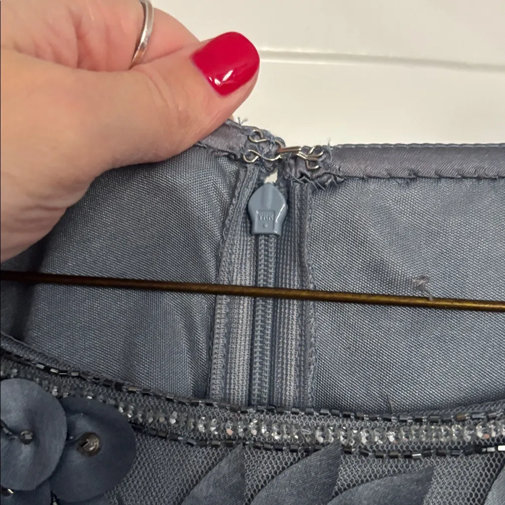 Theia Slate Blue Long Sleeve Floral Appliqué Illusion Sleeve Gown Size 10 - Image 6