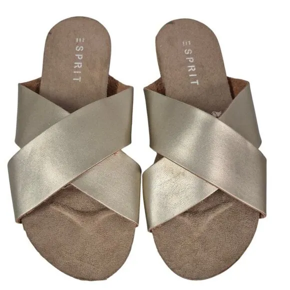Esprit Gold Leather Criss Cross Gold Slide Sandals Women 9M NWOT - Image 2