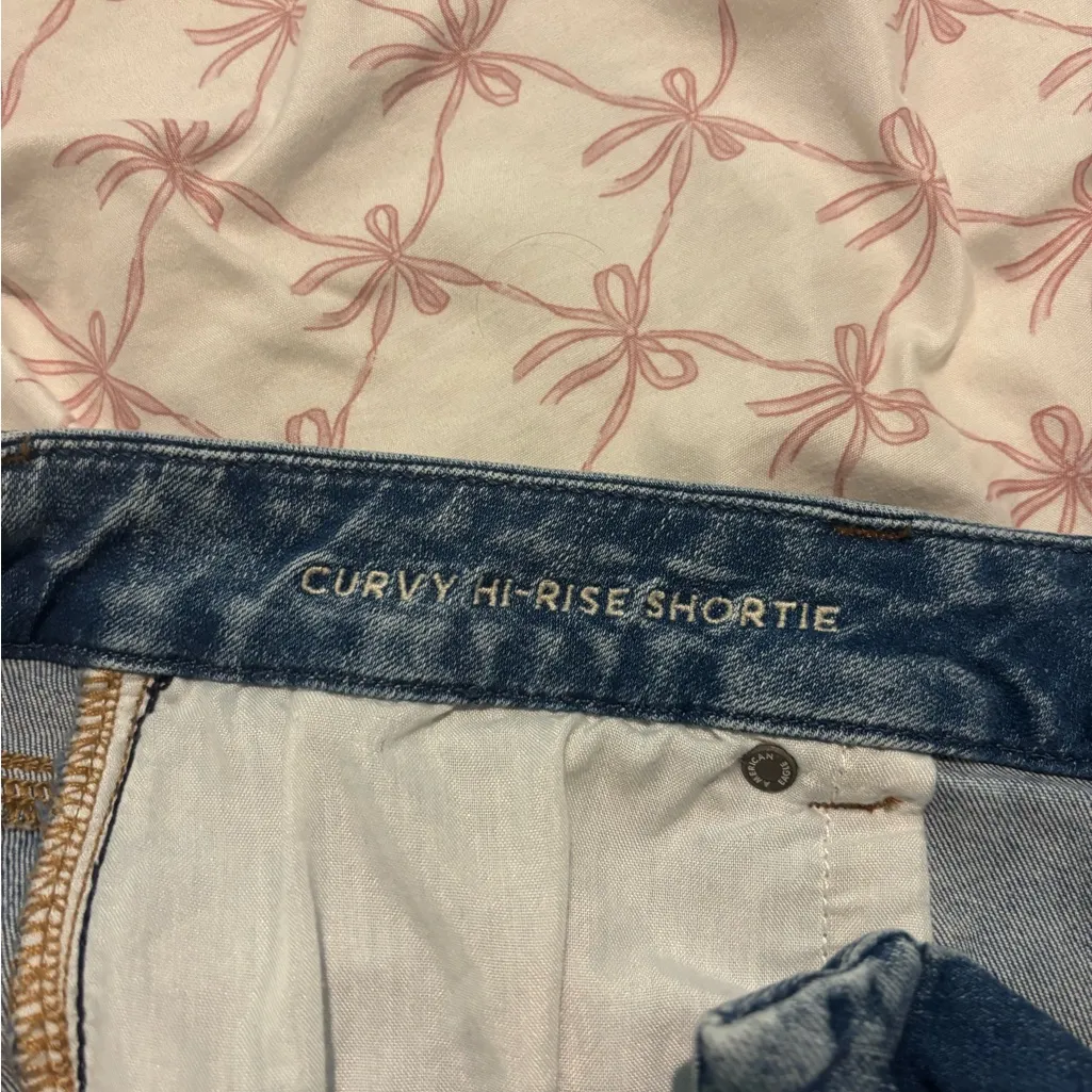 American Eagle Curvy Hi-Rise Shortie Distressed Blue Jean Shorts size 16 - Image 4