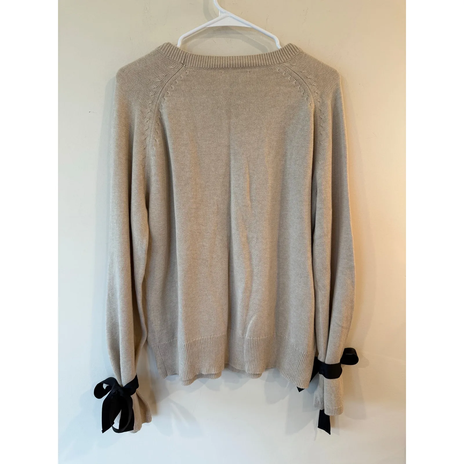 J. Crew Mercantile Sweater Womens Large Tan Knit Merino Wool Ribbon Bow Sleeve - Image 2