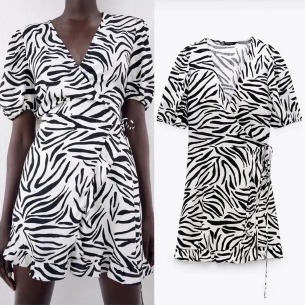 ZARA Wrap Dress Animal Zebra Print Black & White xs - Image 3