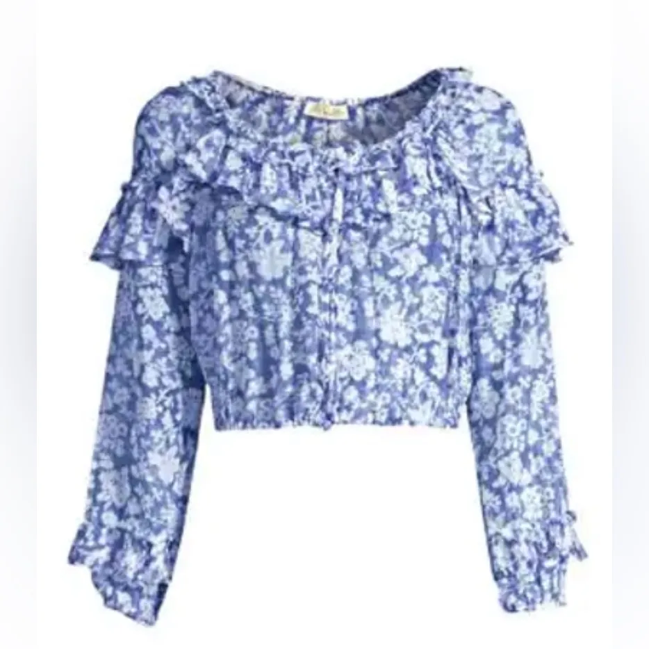 LoveShackFancy Floral Blue‎ Popover Cropped Top Size Large - Image 2